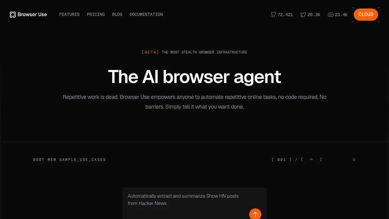 Screenshot of Browser Use website