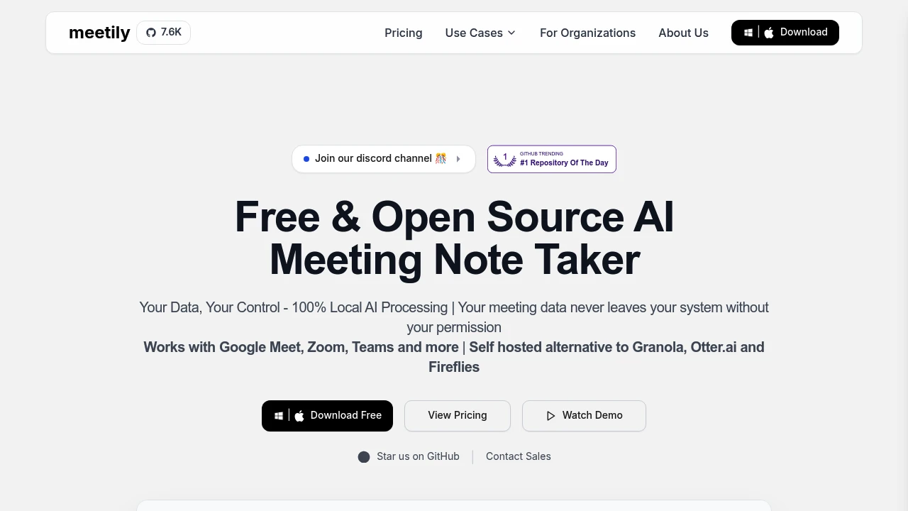 Screenshot of Meetily website