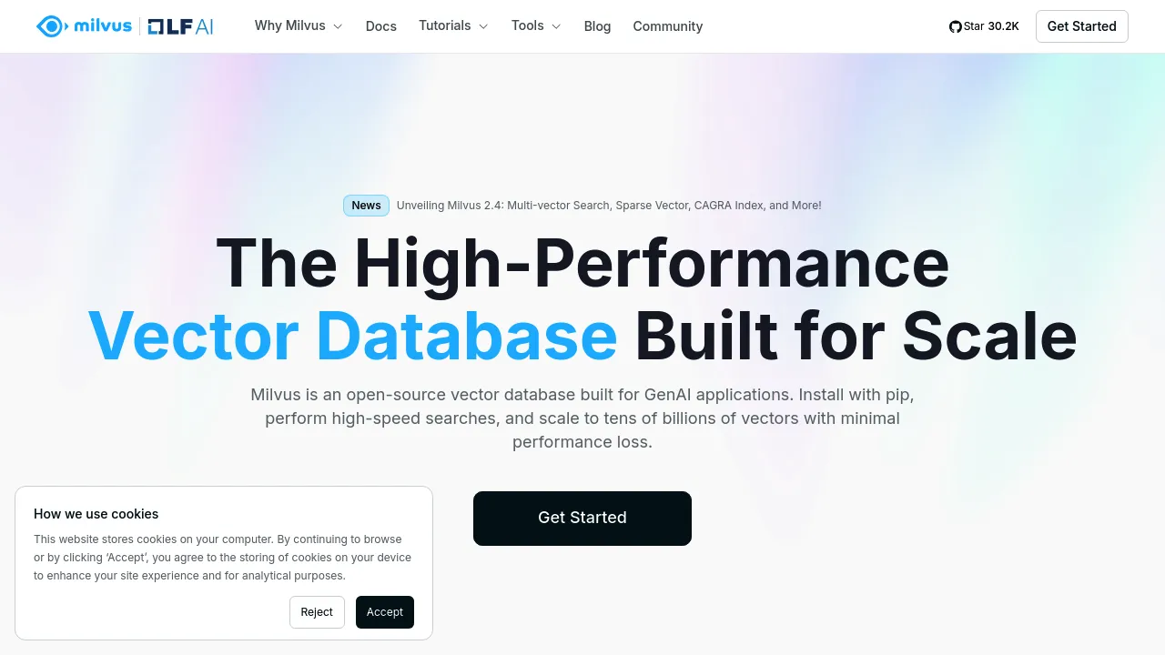Screenshot of Milvus website