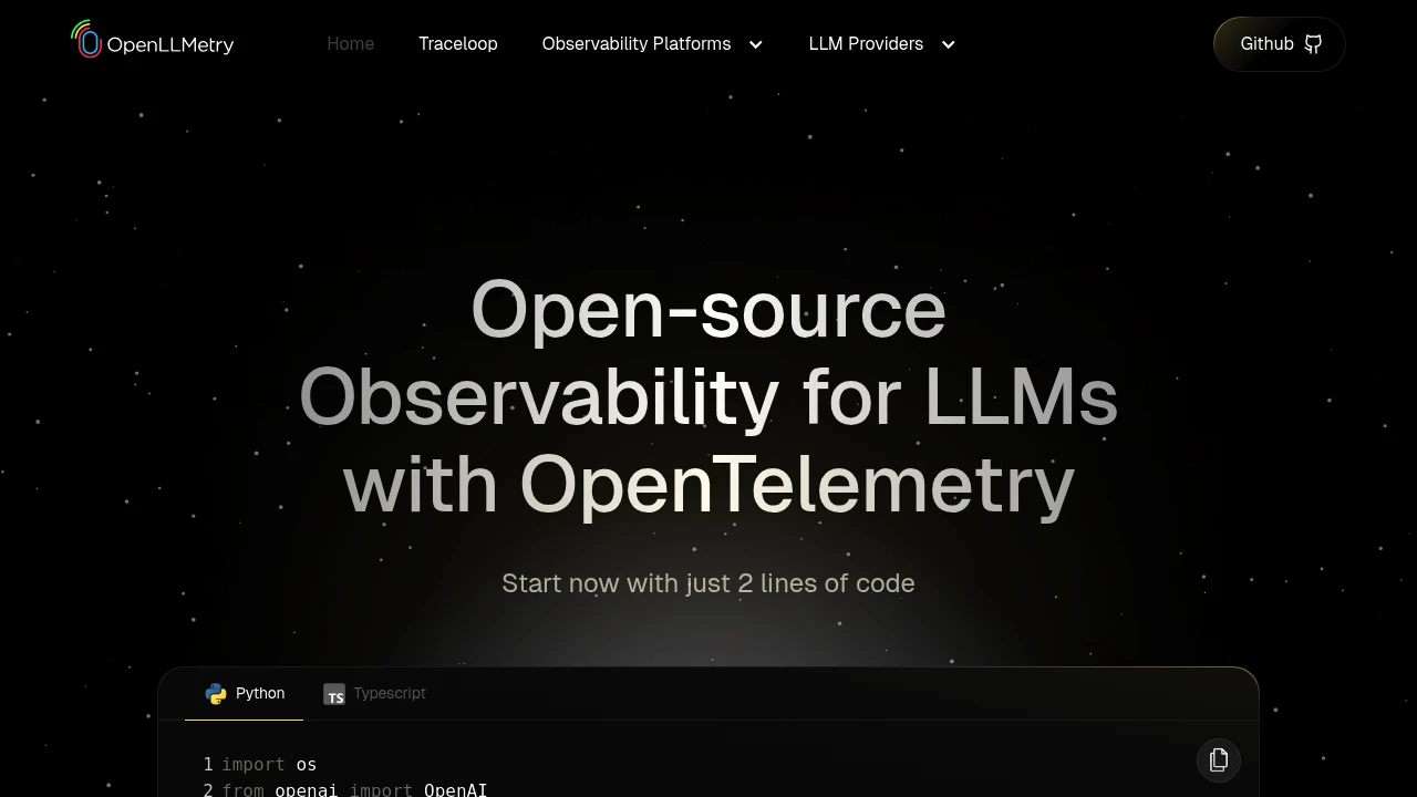Screenshot of OpenLLMetry website