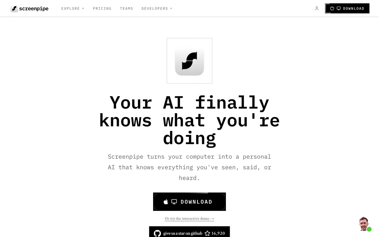 Screenshot of screenpipe website